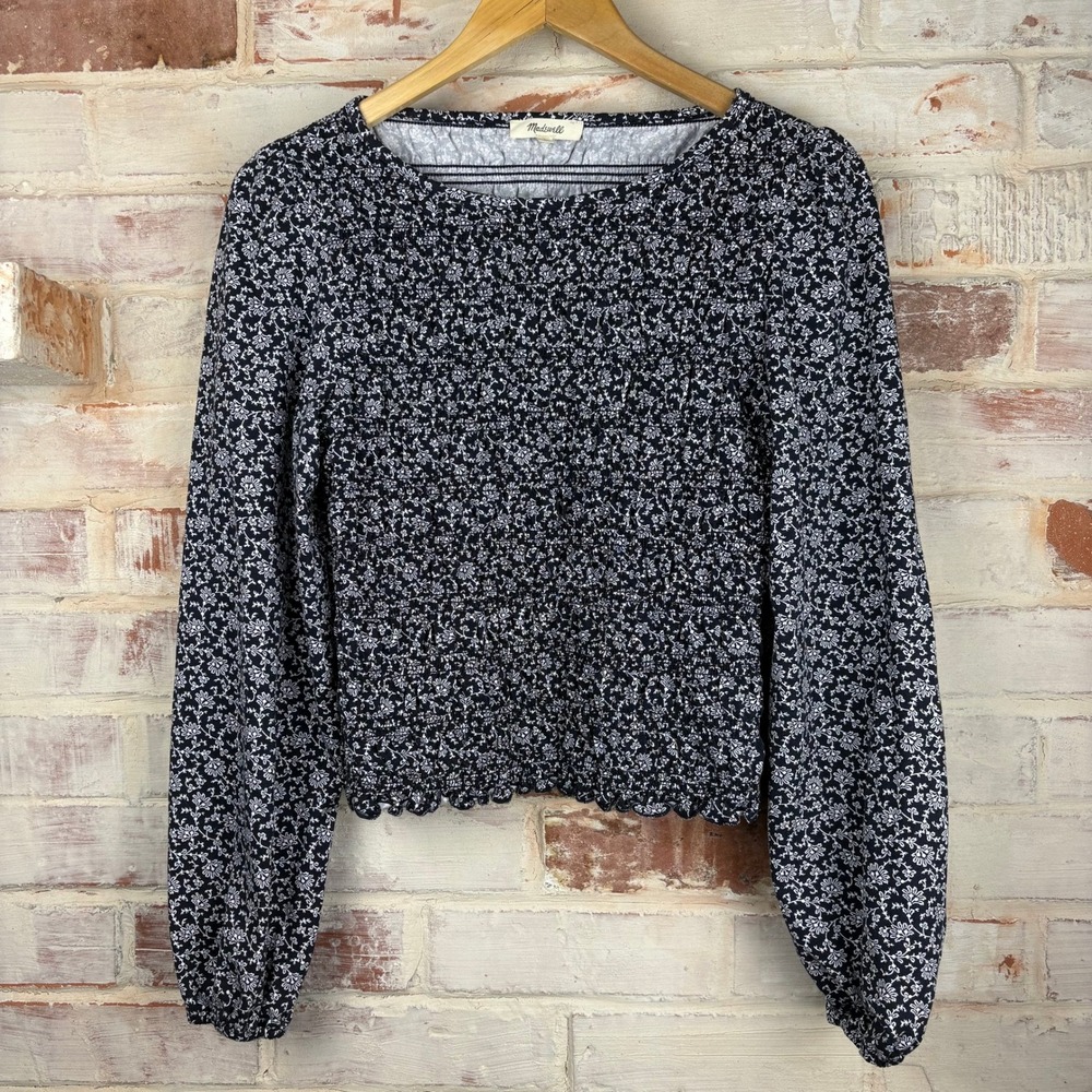 Madewell Smocked Floral Long Sleeve Peasant Top Black White L